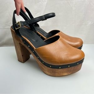Five Worlds Anthropologie | Brown Leather Closed Toe Platform Wood Heel Clog